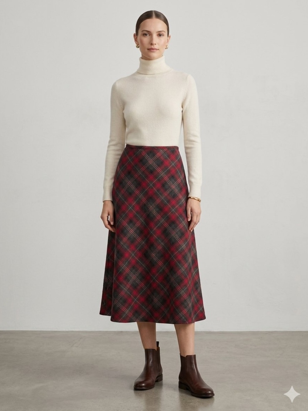 Lands End vintage tartan red plaid midi a line pull on skirt size M academia